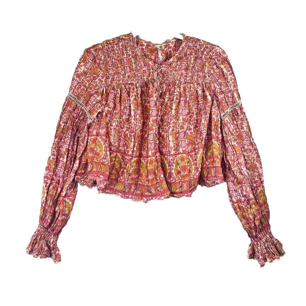 Free People Top Blouse Crop Bohemian Festival Boho Hippie Smocked Balloon Sz. XS